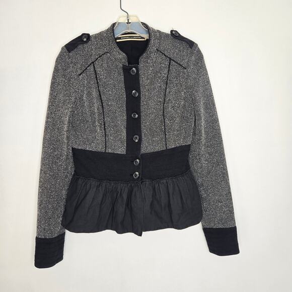 Anthropologie Military Jacket Herringbone Ruffle Hem Structured Black Women 4 - Picture 9 of 12